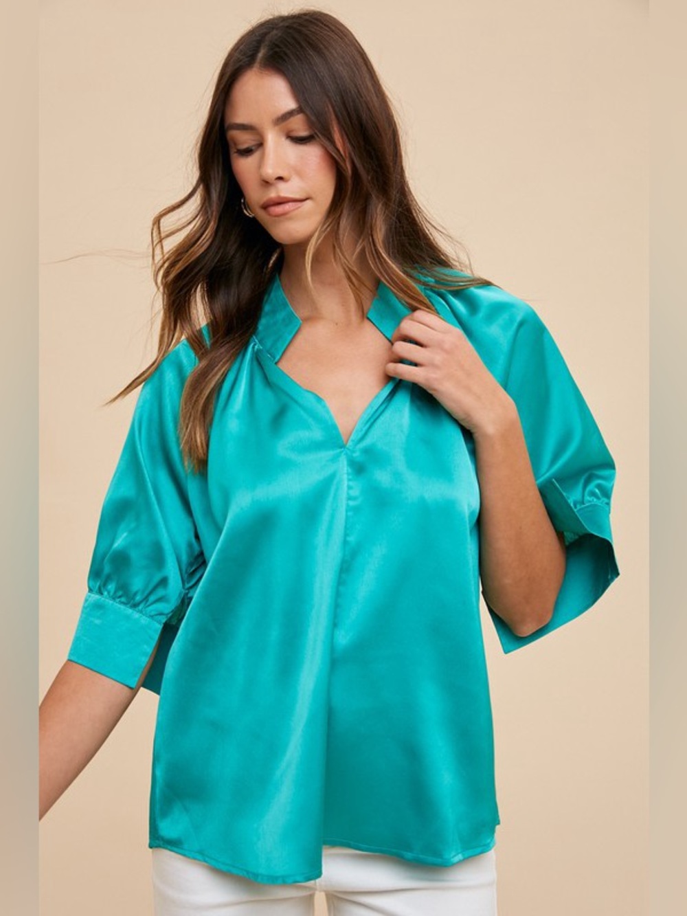 Annie Wear Satin V Neck Open Short Sleeve Woven Blouse Top
